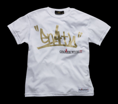 ［KIDS］タギングロゴプリント・タイトTシャツ/ホワイト×ゴールド