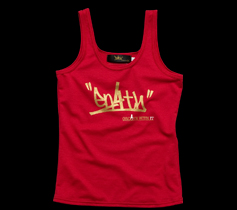 ［LADIES］タギングロゴプリントタンクトップ/レッド×ゴールド