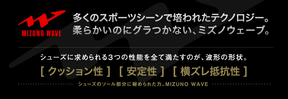 多くのスポーツシーンで培われたテクノロジー。柔らかいのにグラつかない、ミズノウェーブ。シューズに求められる3つの性能を全て満たすのが、波形の形状。[クッション性][安定性][横ズレ抵抗性]　シューズのソール部分に秘められた力、MIZUNO WAVE